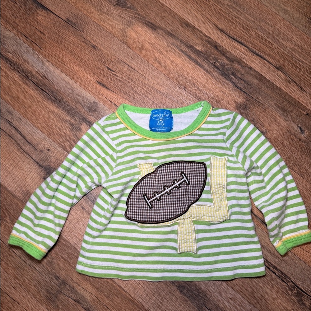 Mud Pie Green and White Striped Football Tee